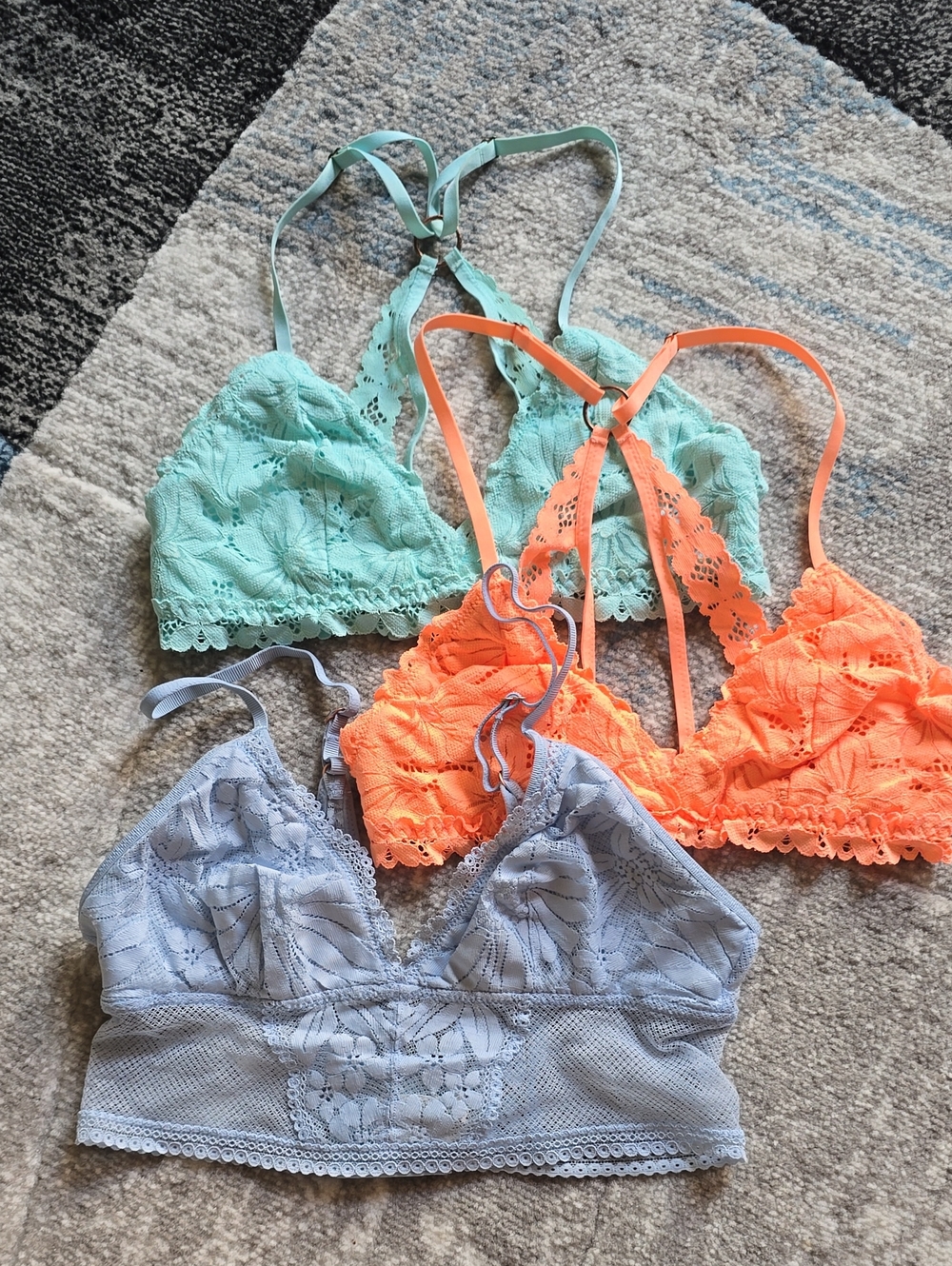 Aerie Lace Bralette Trio in Mint, Coral and Light Blue